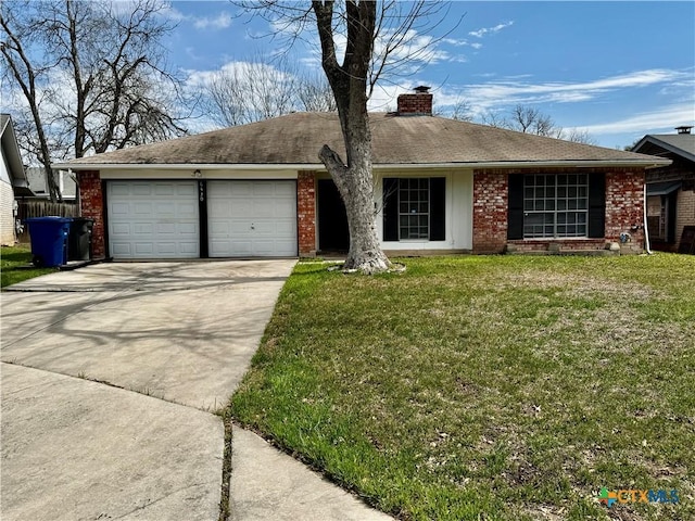 ranch-style home featuring brick siding, a chimney, concrete driveway, a garage, and a front lawn