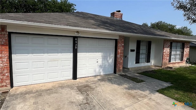 6430 Ridge Village Dr, San Antonio, TX 78233 - view of front of property featuring brick siding, concrete driveway, a chimney, a garage, and roof with shingles