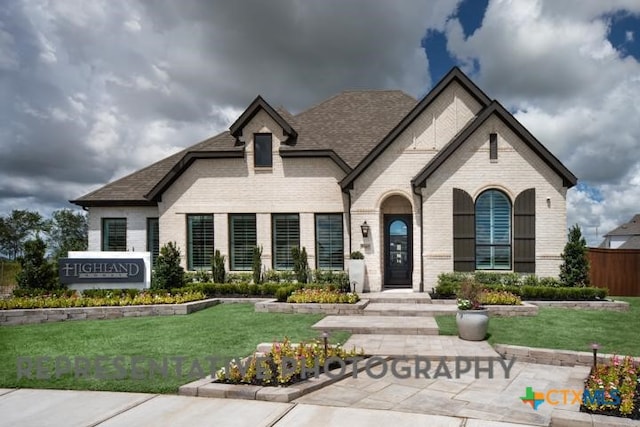 french country style house with roof with shingles, a front yard, and brick siding