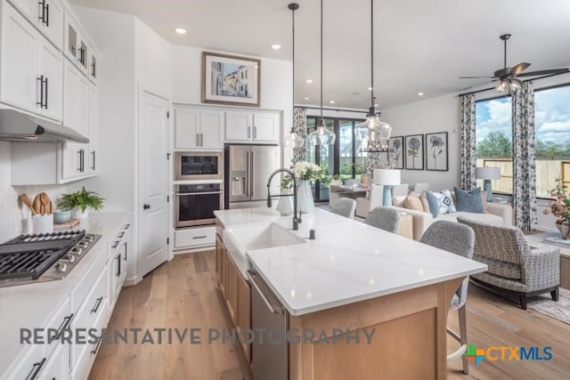 kitchen with under cabinet range hood, light wood-style floors, a healthy amount of sunlight, appliances with stainless steel finishes, and open floor plan