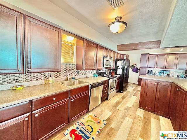 kitchen featuring stainless steel appliances, light wood-type flooring, a textured ceiling, decorative backsplash, and sink