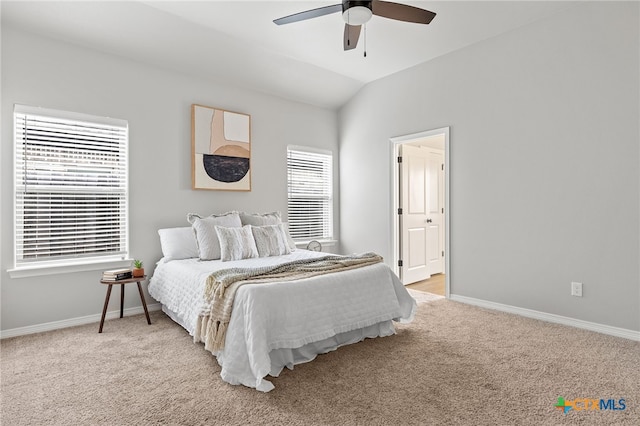 1827 Broken Shoe Trl, Temple, TX 76502 - bedroom with light carpet, lofted ceiling, and ceiling fan