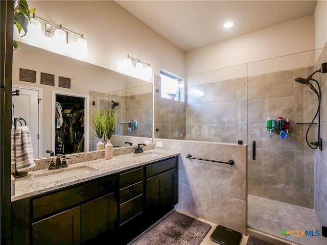 bathroom featuring vanity and a shower with shower door