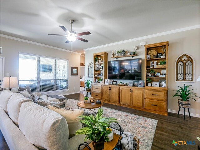 living room featuring ornamental molding, dark hardwood / wood-style flooring, and ceiling fan