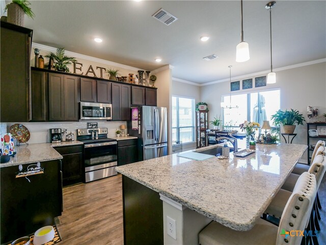 kitchen with a kitchen island with sink, stainless steel appliances, and light stone counters