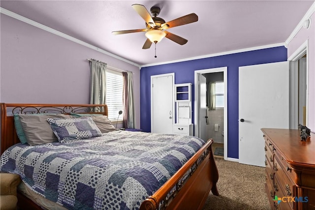 1400 Barbara Ln, Killeen, TX 76549 - bedroom featuring carpet, crown molding, ceiling fan, and ensuite bathroom