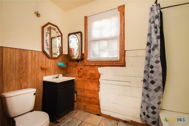 bathroom with vanity, toilet, and wood walls