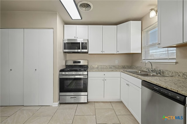 kitchen featuring white cabinetry, visible vents, appliances with stainless steel finishes, and a sink