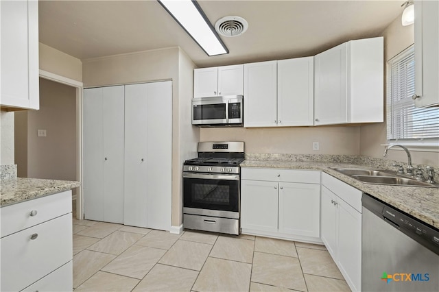 kitchen with white cabinets, visible vents, stainless steel appliances, and a sink