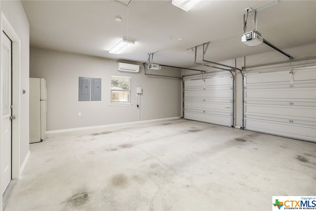 garage with electric panel, a garage door opener, a wall mounted AC, and white fridge