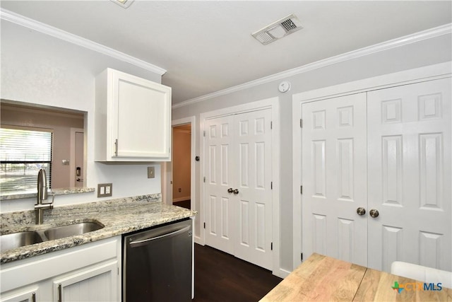1624 Aquarena Springs Dr Unit G155, San Marcos, TX 78666 - kitchen featuring dishwasher, crown molding, white cabinetry, light stone counters, and dark wood-type flooring