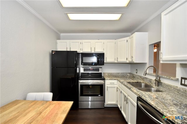 1624 Aquarena Springs Dr Unit G155, San Marcos, TX 78666 - kitchen featuring black appliances, ornamental molding, light stone counters, white cabinetry, and dark wood-style flooring