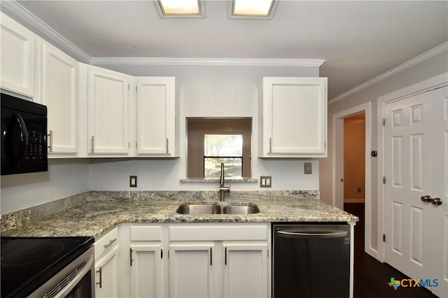 1624 Aquarena Springs Dr Unit G155, San Marcos, TX 78666 - kitchen featuring black microwave, dishwasher, white cabinets, crown molding, and light stone counters