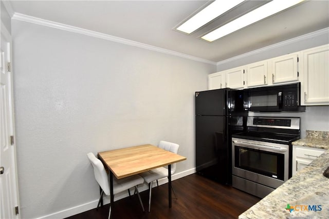 1624 Aquarena Springs Dr Unit G155, San Marcos, TX 78666 - kitchen with black appliances, crown molding, dark wood finished floors, white cabinets, and light stone countertops