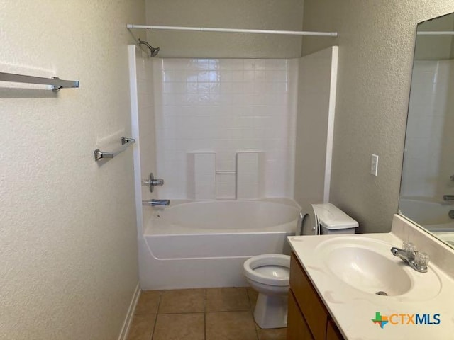 full bathroom with tile patterned flooring, shower / bathing tub combination, vanity, and toilet