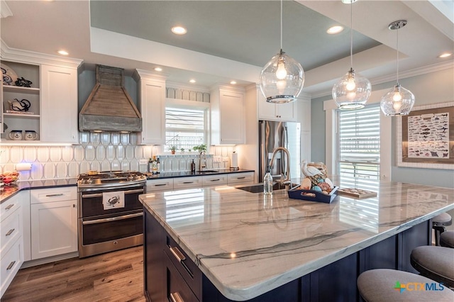 77 Sailfish Lndg, Port Lavaca, TX 77979 - kitchen featuring premium range hood, stainless steel appliances, a raised ceiling, a center island with sink, and recessed lighting