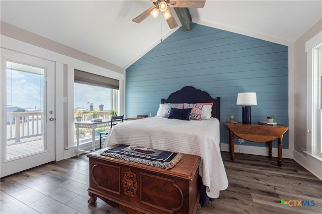 77 Sailfish Lndg, Port Lavaca, TX 77979 - bedroom featuring access to outside, wood finished floors, wood walls, and ceiling fan