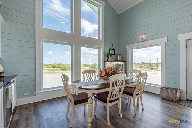 77 Sailfish Lndg, Port Lavaca, TX 77979 - dining area featuring high vaulted ceiling, dark wood-style floors, and wooden walls