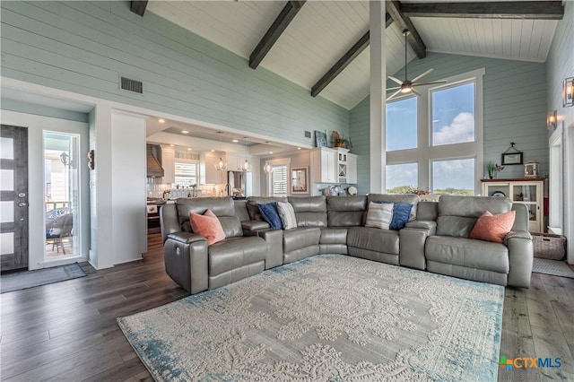 77 Sailfish Lndg, Port Lavaca, TX 77979 - living area featuring wooden walls, high vaulted ceiling, dark wood-style floors, ceiling fan, and beamed ceiling