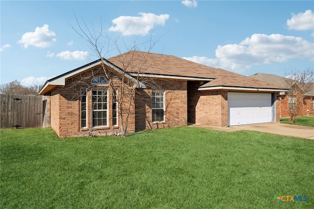 ranch-style house with a garage, driveway, a front lawn, and brick siding