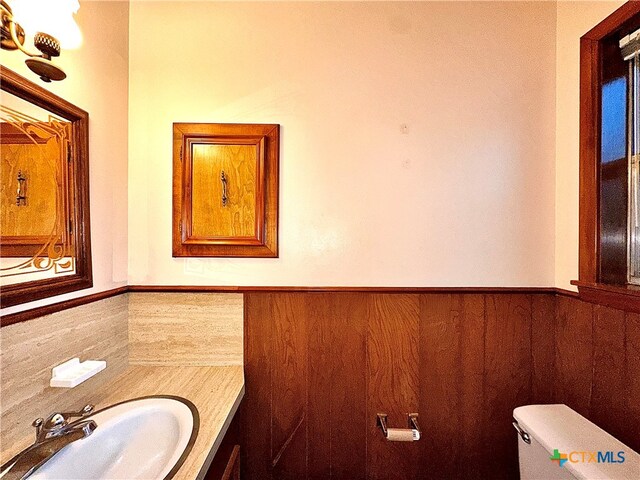 bathroom with toilet, wooden walls, and sink