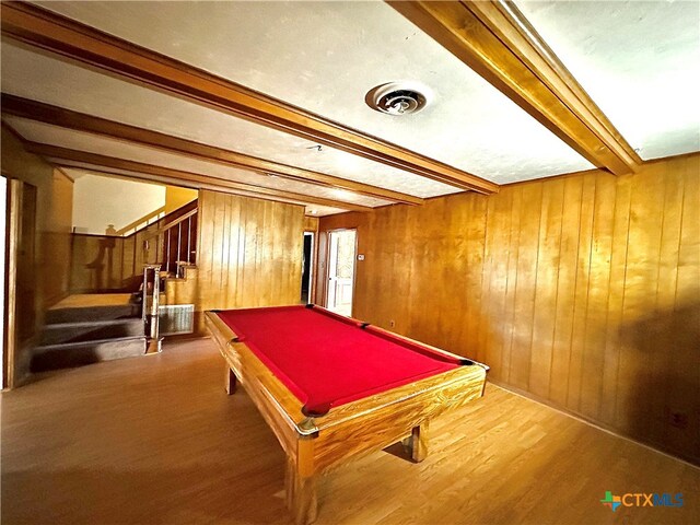 playroom featuring pool table, wood-type flooring, wooden walls, and beam ceiling