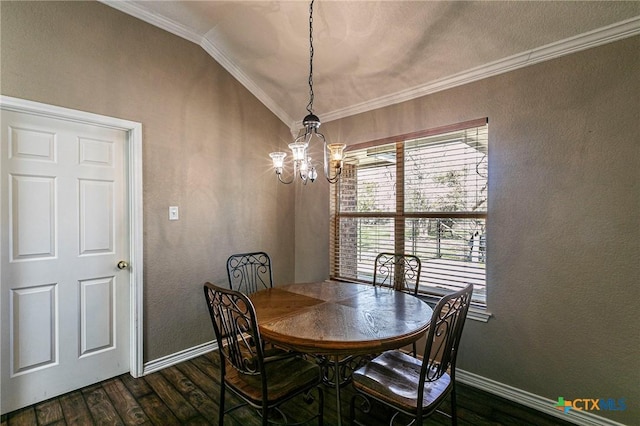 dining room featuring dark wood-style floors, baseboards, a chandelier, and crown molding