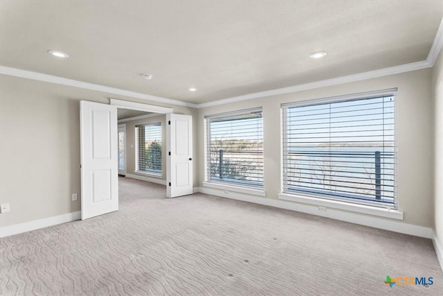 spare room featuring ornamental molding and light carpet