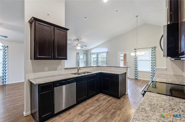 1328 Blue Leaf Dr, Temple, TX 76502 - kitchen featuring a sink, plenty of natural light, a ceiling fan, dishwasher, and vaulted ceiling