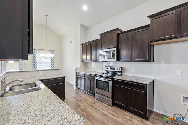 1328 Blue Leaf Dr, Temple, TX 76502 - kitchen featuring dark brown cabinets, a sink, stainless steel appliances, lofted ceiling, and backsplash