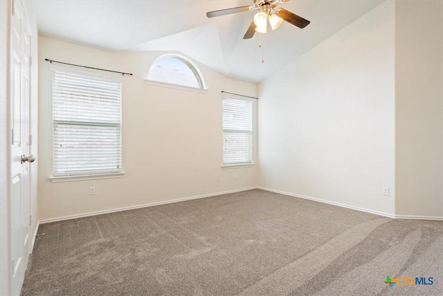 1328 Blue Leaf Dr, Temple, TX 76502 - empty room featuring carpet floors, ceiling fan, baseboards, and lofted ceiling