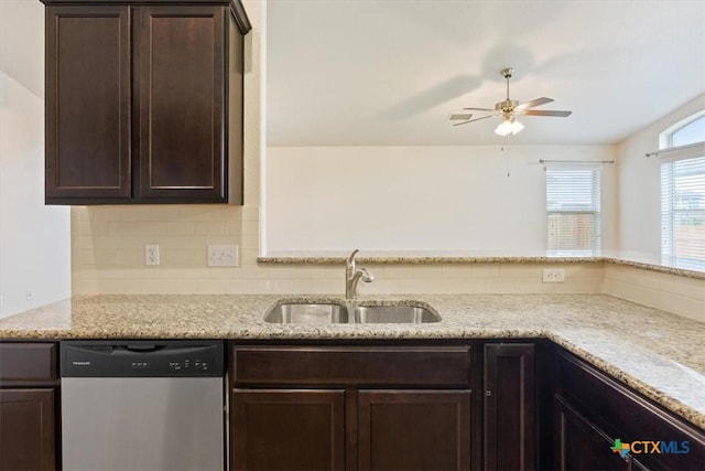 1328 Blue Leaf Dr, Temple, TX 76502 - kitchen featuring dark brown cabinetry, a ceiling fan, backsplash, stainless steel dishwasher, and a sink