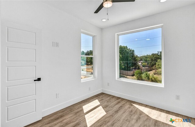 empty room featuring plenty of natural light, ceiling fan, and wood-type flooring