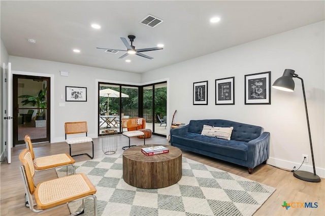 9 Mission Trce, New Braunfels, TX 78130 - living room featuring ceiling fan, light wood-style flooring, and recessed lighting