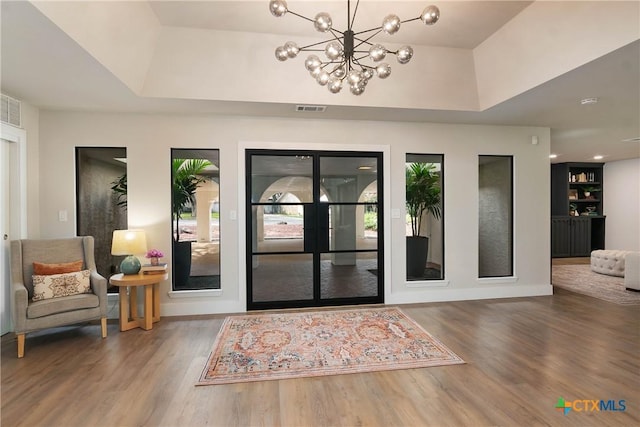 9 Mission Trce, New Braunfels, TX 78130 - foyer entrance featuring wood finished floors, a raised ceiling, a chandelier, and healthy amount of natural light