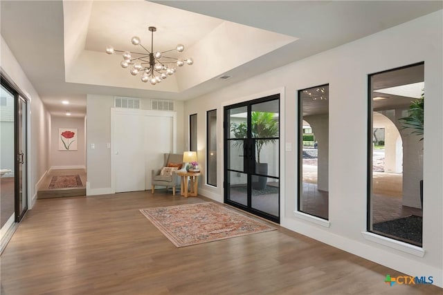 9 Mission Trce, New Braunfels, TX 78130 - foyer with wood finished floors, a chandelier, a raised ceiling, and arched walkways