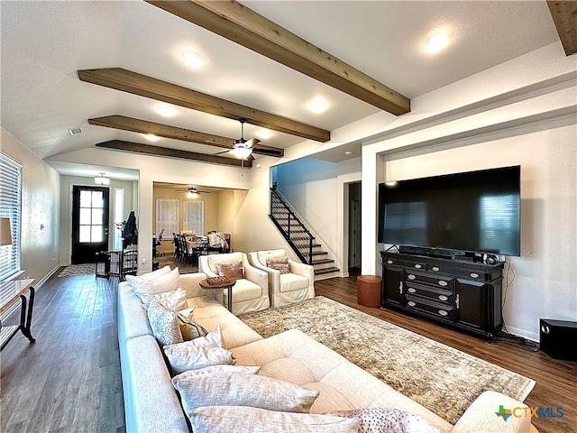 living room featuring ceiling fan, beam ceiling, and dark hardwood / wood-style flooring