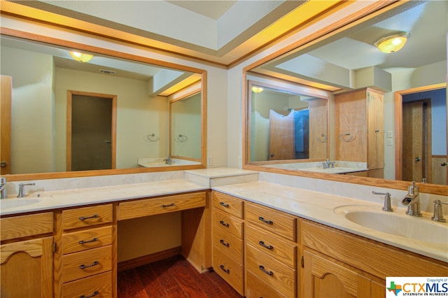 bathroom featuring hardwood / wood-style floors and vanity