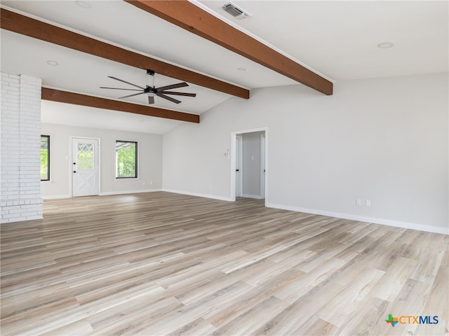 unfurnished living room featuring a ceiling fan, light wood-style flooring, and baseboards