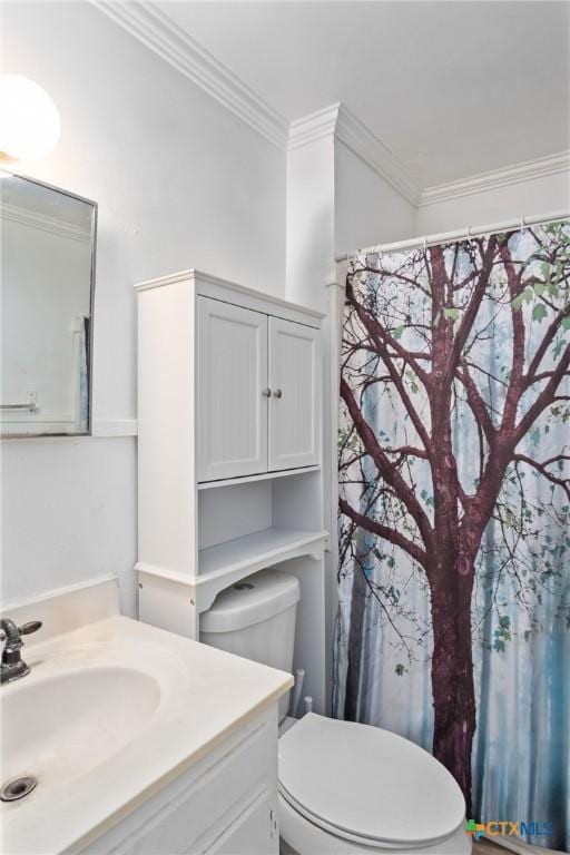 full bathroom with vanity, toilet, and crown molding