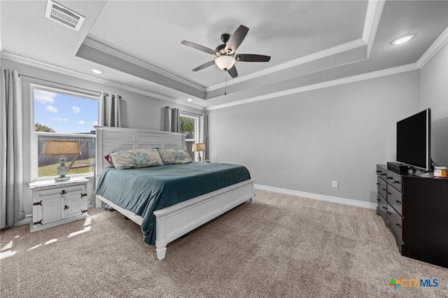 10103 Taylor Renee Dr, Killeen, TX 76542 - bedroom with ornamental molding, a tray ceiling, light colored carpet, recessed lighting, and a ceiling fan