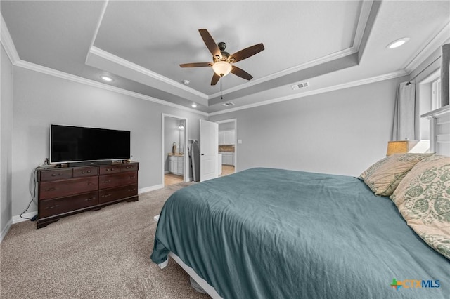 10103 Taylor Renee Dr, Killeen, TX 76542 - carpeted bedroom featuring a tray ceiling, crown molding, recessed lighting, a ceiling fan, and ensuite bathroom