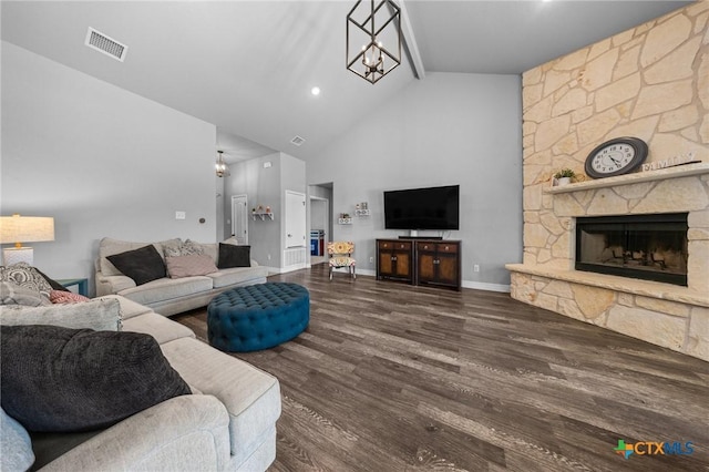10103 Taylor Renee Dr, Killeen, TX 76542 - living room featuring high vaulted ceiling, wood finished floors, a stone fireplace, and beamed ceiling