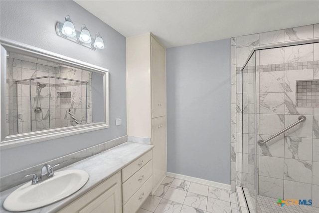 1802 Chestnut St, Floresville, TX 78114 - full bath with marble finish floors, a stall shower, and vanity