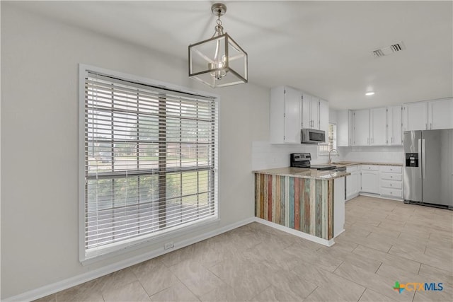 2002 Buckskin Trl, Temple, TX 76502 - kitchen with stainless steel appliances, a sink, white cabinetry, a peninsula, and pendant lighting