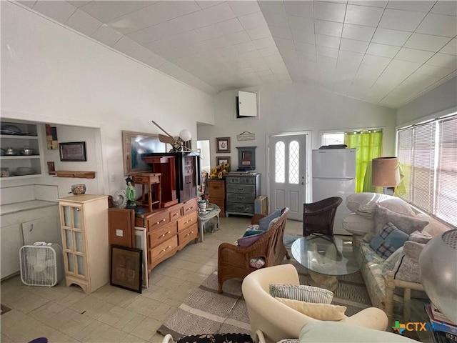 living room with lofted ceiling