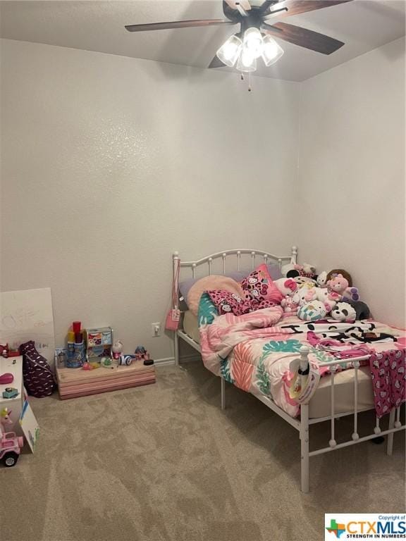 bedroom featuring carpet and ceiling fan