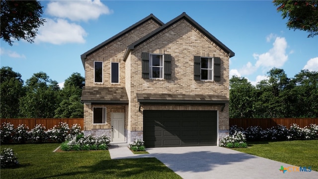 view of front of house with concrete driveway, brick siding, an attached garage, and fence