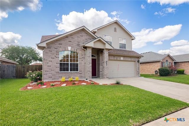 view of front of property with fence, a front yard, brick siding, concrete driveway, and an attached garage