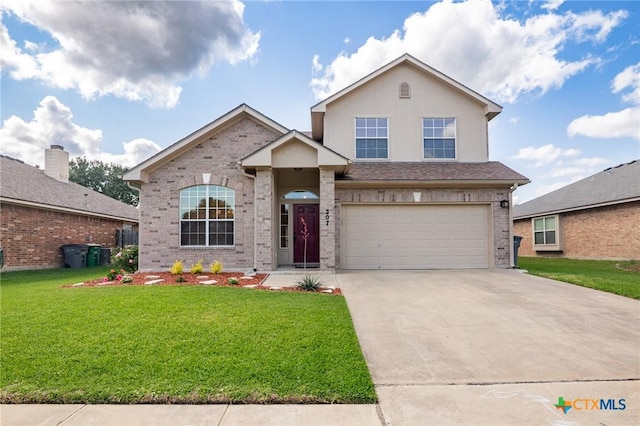 view of front of house with a front yard, central air condition unit, brick siding, concrete driveway, and an attached garage
